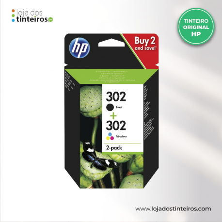 PACK HP 302 - Tinteiro Preto/Cores Original para HP 3830, 3832, 4650, 1110, 2130, 3630, 4520, F6U68AE